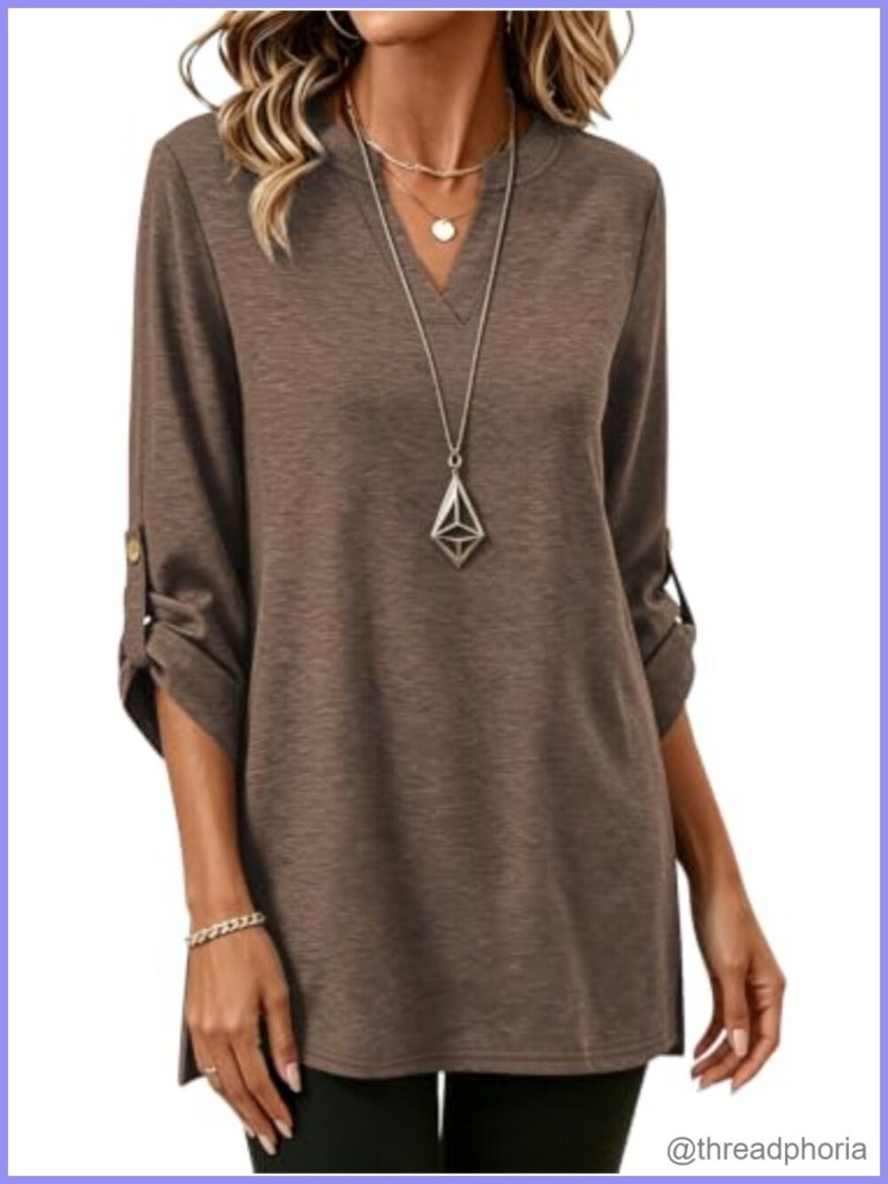 Womens Tunic Top 3/4 Sleeve V Neck Side Slit Leggings Shirt